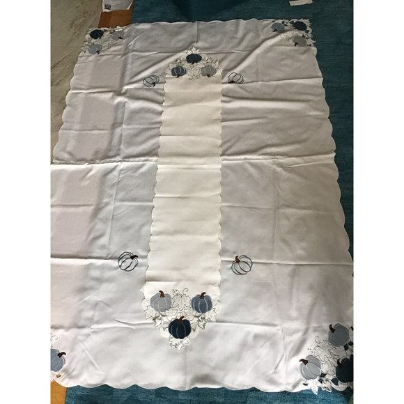 Ivory Tablecloth and Runner  with Autumn Leaves, Blue Pumpkins - Picture 2 of 4